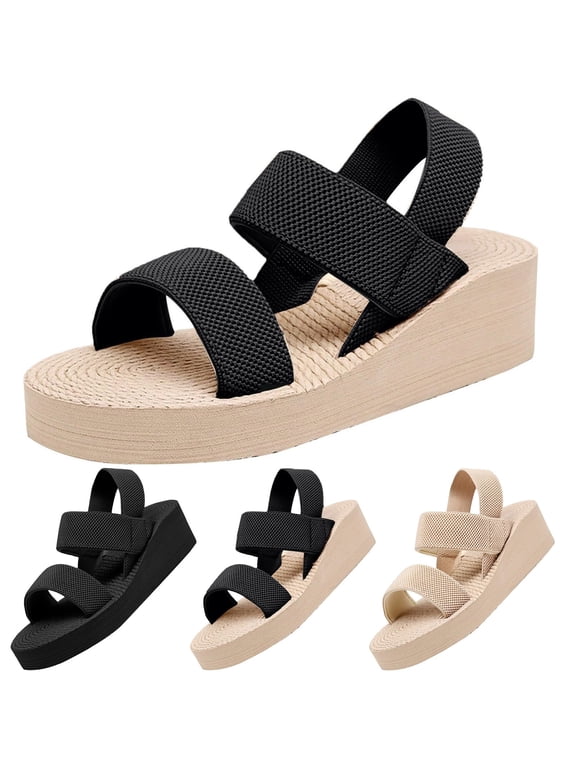 Women's Woven Strap Platform Wedge Sandals, Open Toe Adjustable Strap Espadrilles, Trendy Summer Footwear for Travel, Shopping Black 38