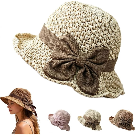 Women's Woven Straw Sun Hat with Ruffled Bow, French Retro Wide Brim Bucket Hat, Foldable & Breathable Summer Beach Hat for Travel Vacation