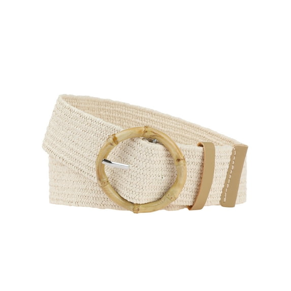 Women's Woven Stretchy Belts, Straw Rattan Round Buckle Elastic Boho Wide Waistband for Dress 95x5cm/37.4x2.0" Beige