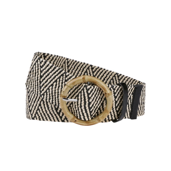 Women's Woven Stretchy Belts, Straw Rattan Round Buckle Elastic Boho Wide Waistband for Dress 95x5cm/37.4x2.0" Black & White Stripe