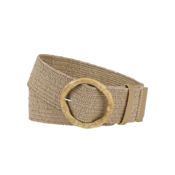 Women's Woven Stretchy Belts, Straw Rattan Round Buckle Elastic Boho Wide Waistband for Dress 95x5cm/37.4x2.0" Khaki