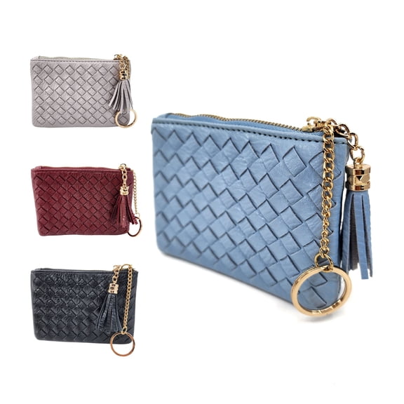 Women's Woven Tassel Top Zip Coin Wallet with Key Chain