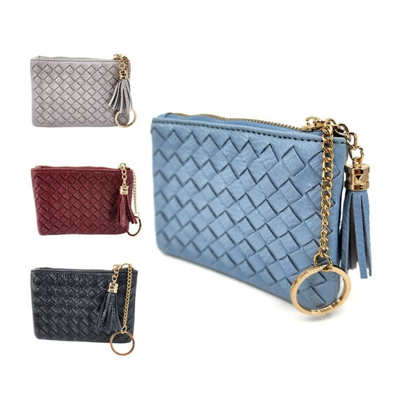 Women's Woven Tassel Top Zip Coin Wallet with Key Chain