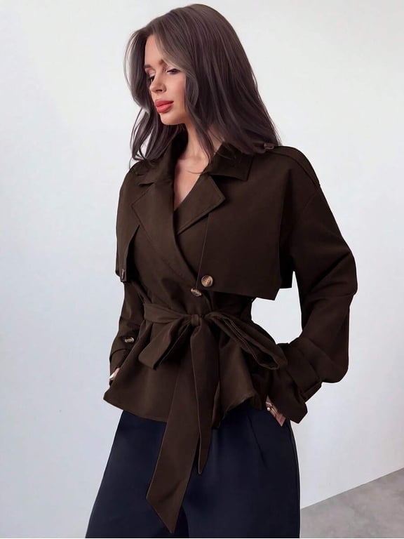 Women's Wrap Coat with Belt Lapel Collar Cropped Short Jacket for Commute and Office Wear