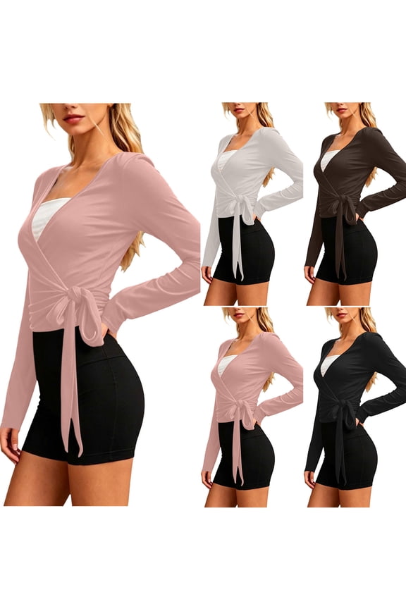 Women's Wrap Cropped Shrug Sun Protection Tie Front Long Sleeve Bolero Lightweight Casual Workout Ballet Pilates Yoga Cardigan