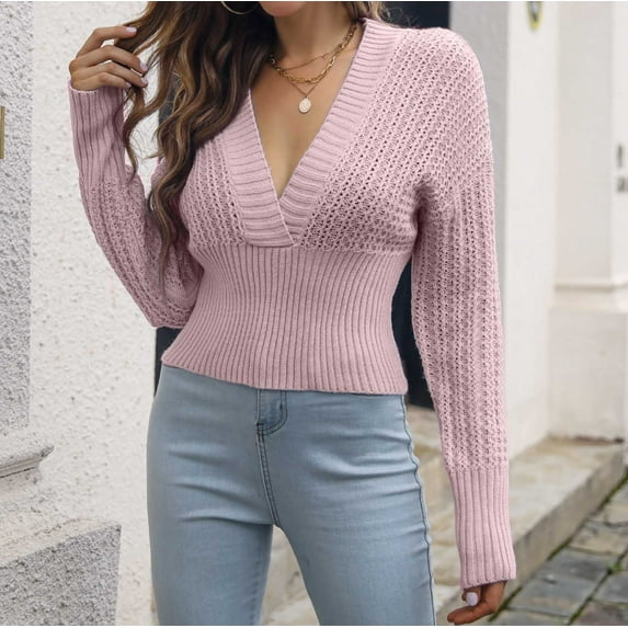 Women's Wrap Deep V Neck Cropped Sweaters Shirt Fall Long Sleeve Knit Pullover Sweater Tops Tee Casual for Going Out