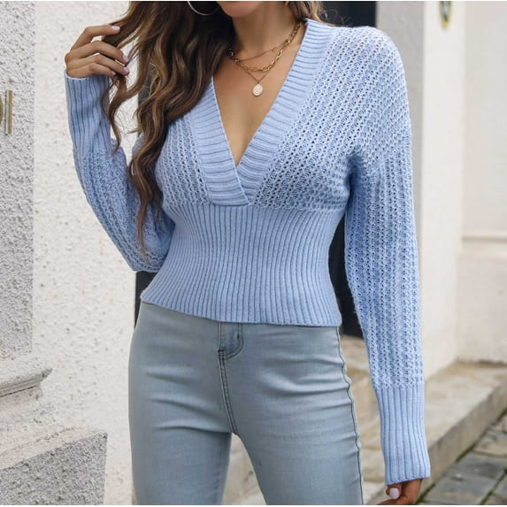 Women's Wrap Deep V Neck Cropped Sweaters Shirt Fall Long Sleeve Knit Pullover Sweater Tops Tee Casual for Going Out