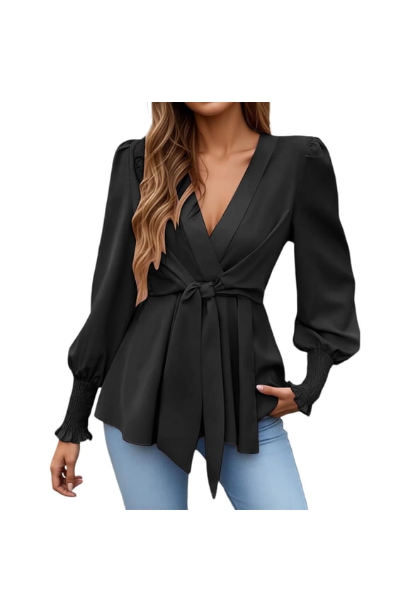 Women’s Wrap Deep V-Neck Long Sleeve Satin Blouse Elegant Belted Waist Pleated Cuffs Solid Color Tops Slim Fitted Business Casual Work Shirts Black S