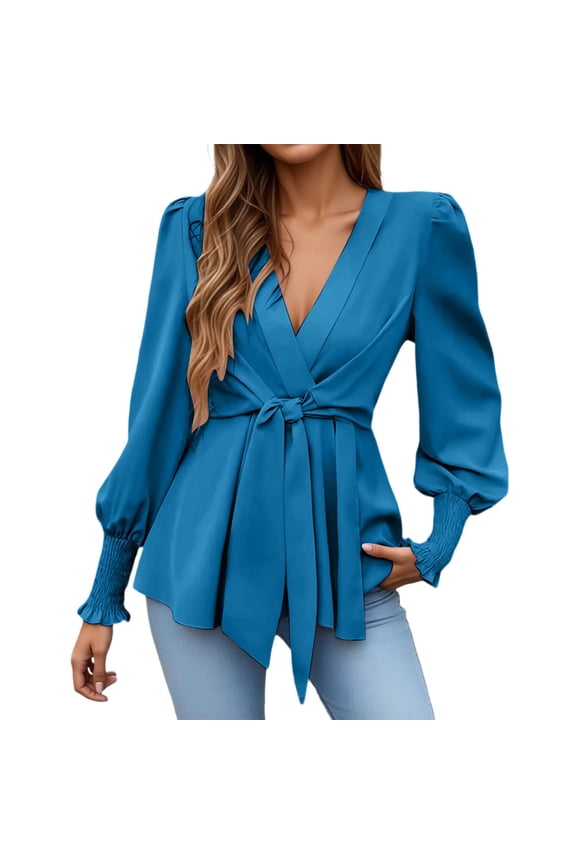 Women’s Wrap Deep V-Neck Long Sleeve Satin Blouse Elegant Belted Waist Pleated Cuffs Solid Color Tops Slim Fitted Business Casual Work Shirts Navy S