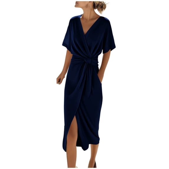 Women's Wrap Dress Business Casual Front Knotted Plus Size Short Sleeve V Neck Midi Dress with Pocket (L, Navy)