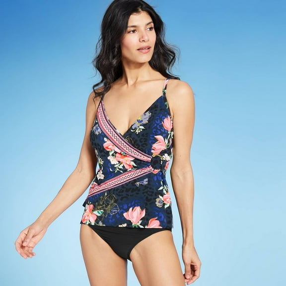 Women's Wrap-Front Ring Tankini Top - Aqua Green Multi S