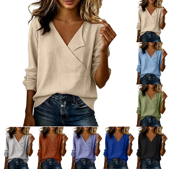 Women's Wrap Front V Neck Shirt Long Sleeve Lightweight Textured Blouse Loose Fit Versatile Casual Work Layering Tops Trendy Outfit Purple