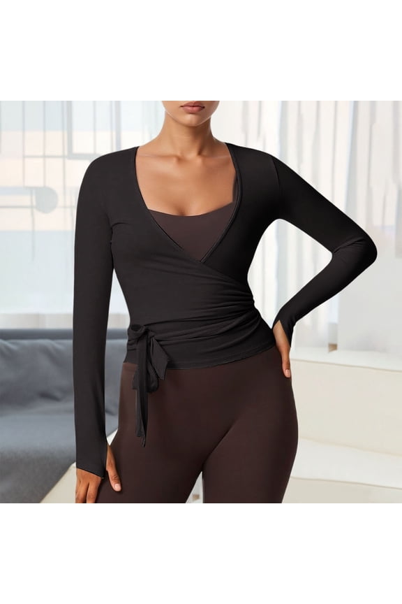 Women's Wrap Front Yoga T-shirt Tops Long Sleeve Tie Waist Workout Shirts Soft Stretchy Athletic Tees for Gym and Pilates