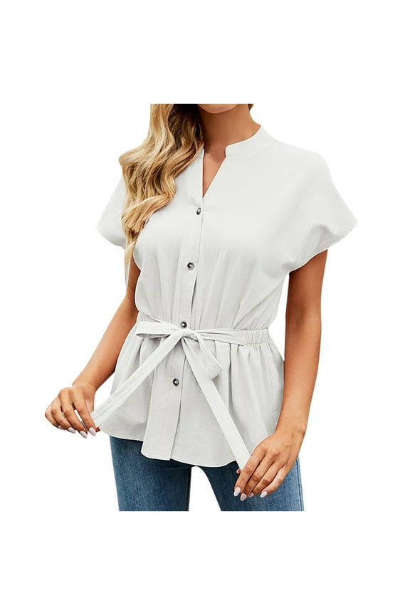 Women's Wrap Peplum Top Blouse Tie Waist Short Sleeve Solid Color Button Down V Neck Belted Summer Shirts T Shirts
