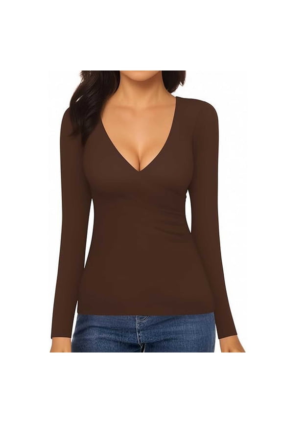 Women's Wrap Ruched Deep V Neck Long Sleeve T-Shirt, Lined, Slim Fit, Sexy for Out, Party & Daily Wear