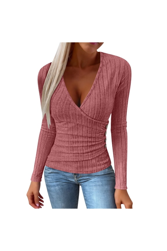 Women's Wrap Shirts Deep V Neck Shirt Long Sleeve Slim Fitted Criss Cross Front Fall Fashion Solid Tops (XL, Wine)