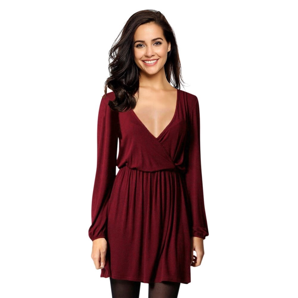 long sleeve wrap skater dress Tuck Pleat Wrap Skater Dress Plum / Medium