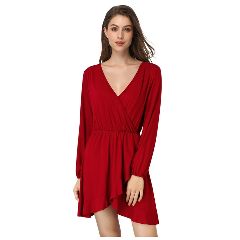 Women s Wrap Skater Dresses V Neck Long Sleeve Ruffle A Line Mini Party Dress Walmart