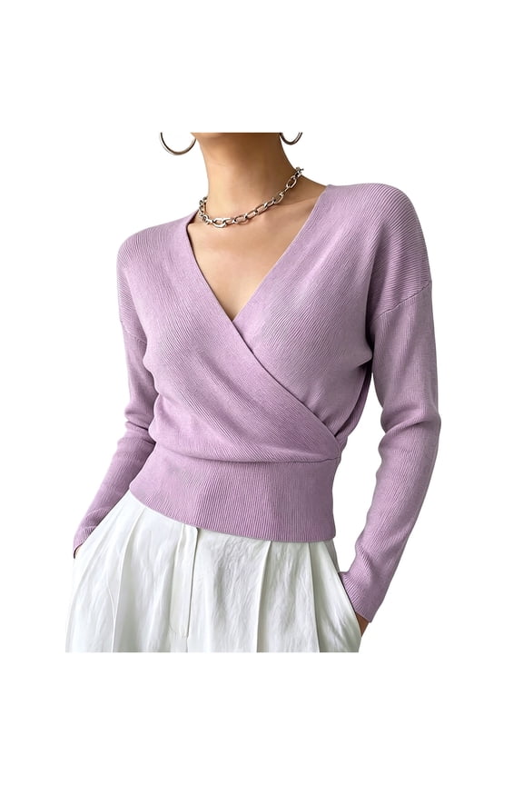 Women's Wrap Surplice V Neck Waist Cinched Knit Tops Slim Elegant Fashion Long Sleeve Blouses