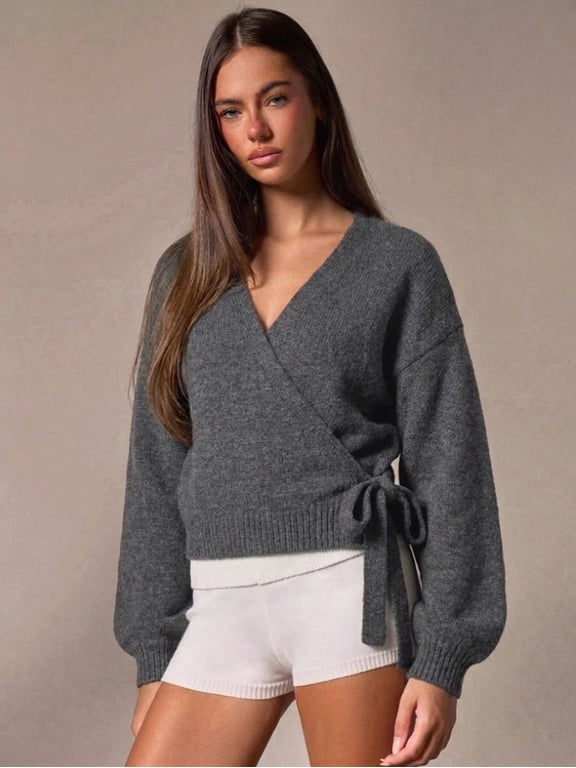 Women's Wrap Sweater, Long Sleeve Side Tie Loose Fit Top, Fitted Pullover for Commute and Daily Wear