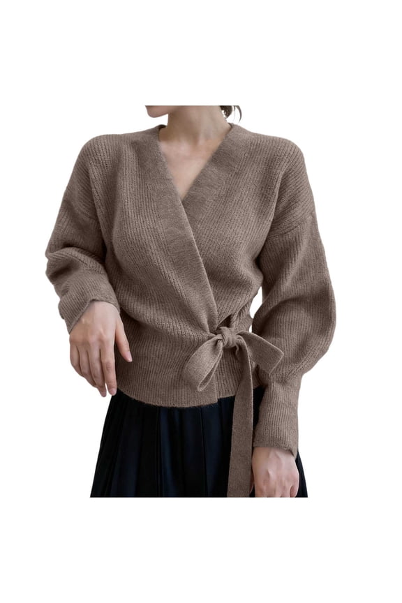 Women's Wrap Sweaters Long Sleeve Elegant Tie Belt V-Neck Knitted Cardigan Lightweight Slim Fit Trendy Casual Warm Cozy Coat