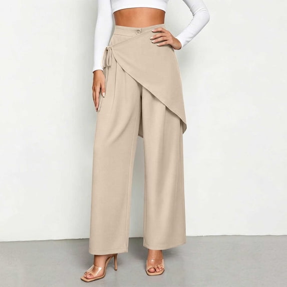Women's Wrap Tie Wide Leg Skirt Pants Button High Waist Soft Wrinkle Resistant Cropped Culotte Fit Beige XL