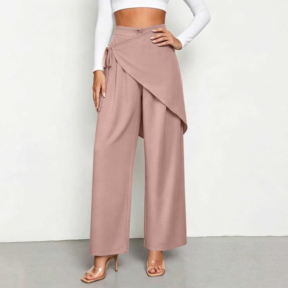 Women's Wrap Tie Wide Leg Skirt Pants Button High Waist Soft Wrinkle Resistant Cropped Culotte Fit Pink L