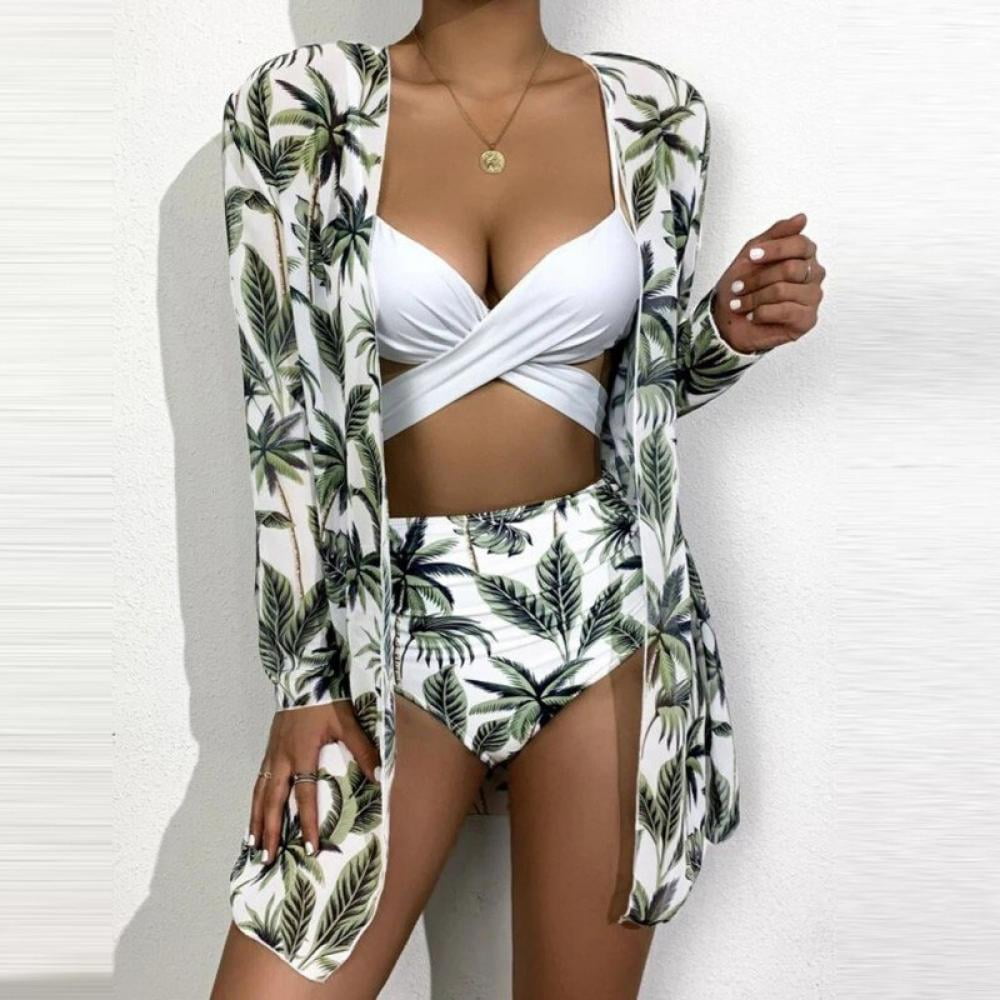 Women's Wrap Top Bikini High Waist Bottom Bathing Suit,with Kimono Cardigan  Three Piece Swimsuit Set Mesh Beach Cover up Dress Cape Sun Block, Strap  Back Tankini Deep V-Neck Tummy Control,Palm S-XL 
