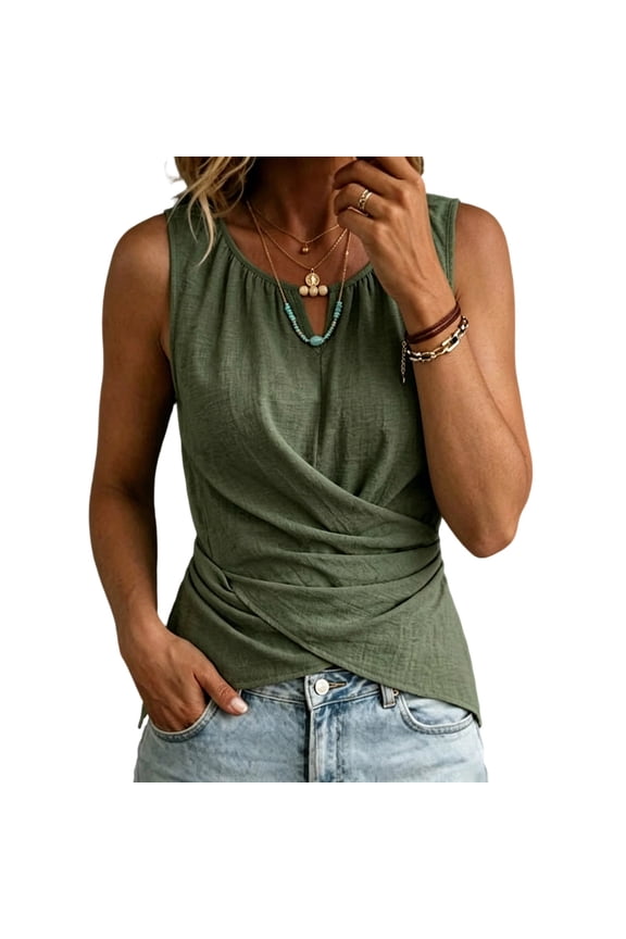 Women's Wrap Tops Scoop Neck Sleeveless Top Breathable Casual Office Summer Tank Tops for Women Olive Green XL