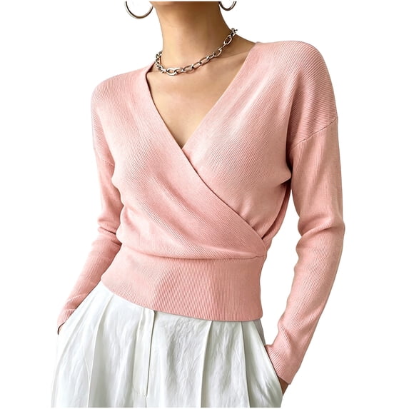 Women's Wrap Tops V Neck Long Sleeve Pullover Cropped Shirts Crossover Knitted Top for Fall Winter Pink L