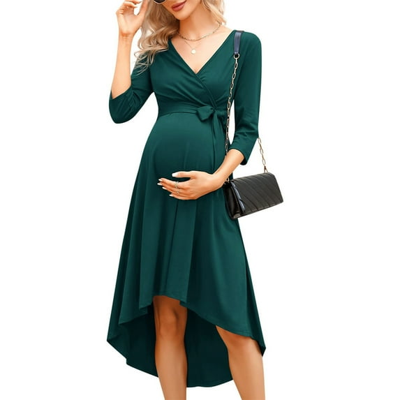 Women's Wrap V Neck 3/4 Sleeve Belted Maternity Dress High Waist Midi Dress