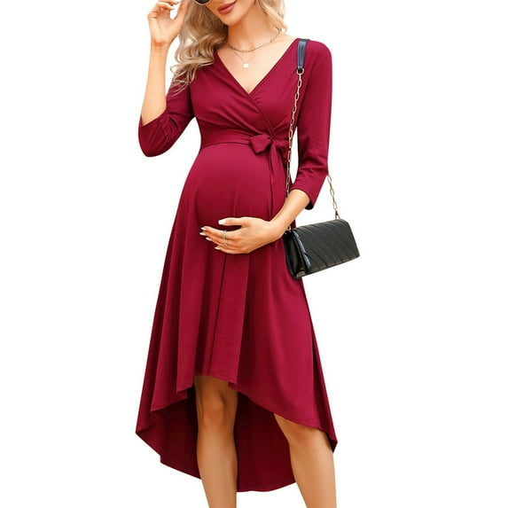 Women's Wrap V Neck 3/4 Sleeve Belted Maternity Dress High Waist Midi Dress