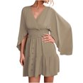 thumbnail image 1 of Women's Wrap V Neck Butterfly Sleeve Mini Dress Tie Back High Waist Button Plain A Line Dress Pleated Swing Tunic Dress, 1 of 6