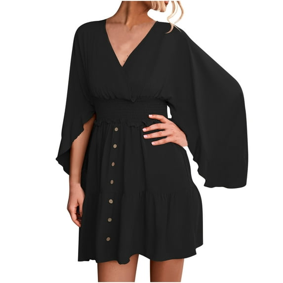 Women's Wrap V Neck Butterfly Sleeve Mini Dress Tie Back High Waist Button Plain A Line Dress Pleated Swing Tunic Dress
