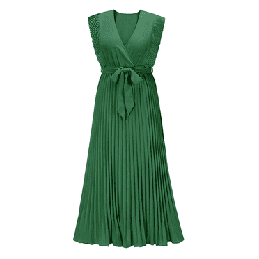 Women's Wrap V Neck Cocktail Dresses Sleeveless Tie Waist Pleated Flowy Party Midi Dress-Green