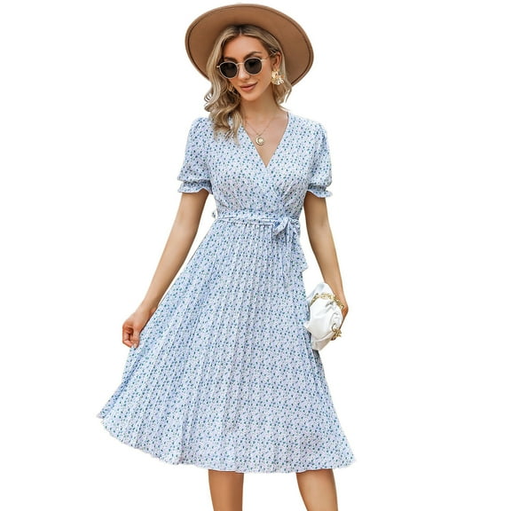 Women's Wrap V Neck Floral Pleated Dress Short Lantern Sleeve Belted Flowy A Line Midi Dress