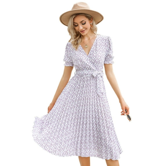 Women's Wrap V Neck Floral Pleated Dress Short Lantern Sleeve Belted Flowy A Line Midi Dress
