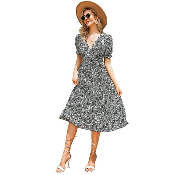 Women's Wrap V Neck Floral Pleated Dress Short Lantern Sleeve Belted Flowy A Line Midi Dress