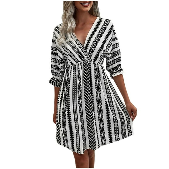 Women's Wrap V Neck High Waist Dress Flare Half Sleeve Trendy Printed Casual Loose A Line Dress Knee Length Dress
