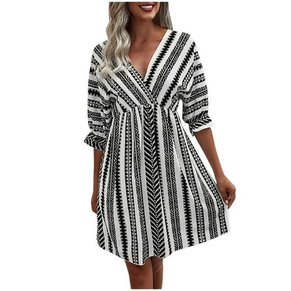 Women's Wrap V Neck High Waist Dress Flare Half Sleeve Trendy Printed Casual Loose A Line Dress Knee Length Dress