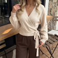 thumbnail image 1 of Women's Wrap V-Neck Knit Sweater, Side Tie Waist Cropped Top with Puff Long Sleeves, Soft Lightweight Ribbed Casual Pullover for Fall Winter Commuting Date Night Daily Wear Beige, 1 of 9