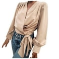 thumbnail image 1 of Women's Wrap V Neck Knot Front Long Sleeve Ruched Shirts Loose Fit Solid Color Trendy Office Blouses for Casual Work, 1 of 7