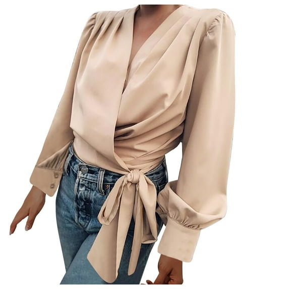 Women's Wrap V Neck Knot Front Long Sleeve Ruched Shirts Loose Fit Solid Color Trendy Office Blouses for Casual Work