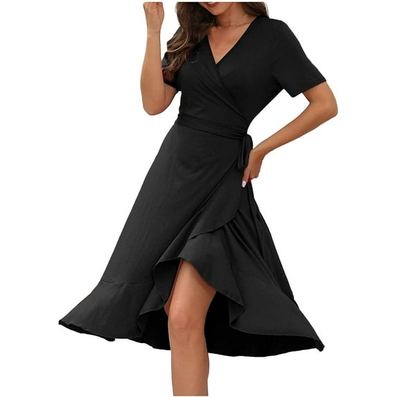 Women's Summer Midi Dress V Neck Lace Up Short Sleeve Solid Dresses 2023 Tropical Beach Sundress