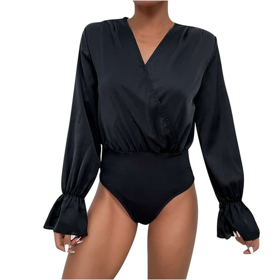 Women's V Neck Flare Long Sleeve Bodysuit Comfy Solid Color One Piece Jumpsuit Work Office Tops Tee Shirts