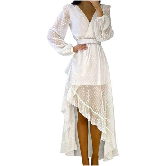 Women's Wrap V Neck Long Sleeve Pom Pom Ruffle Boho Dress Slit Flowy Summer Beach Dresses Cocktail Party Maxi Dress