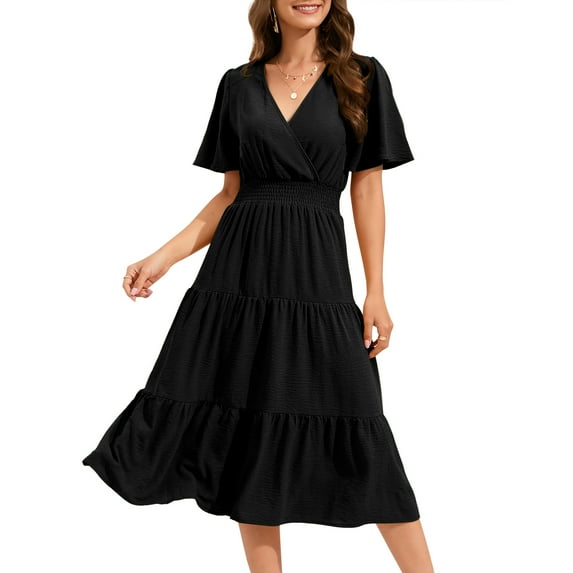 Women's Wrap V Neck Midi Dress Long Sleeve Smocked Waist Tiered A Line Pleated Flowy Long Dress