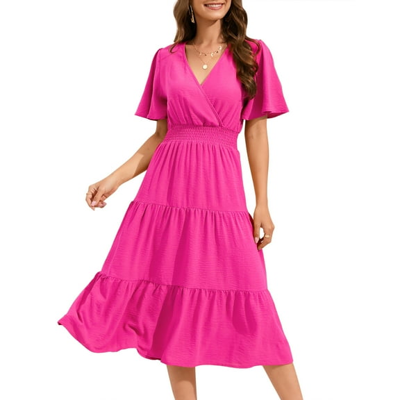 Women's Wrap V Neck Midi Dress Long Sleeve Smocked Waist Tiered A Line Pleated Flowy Long Dress