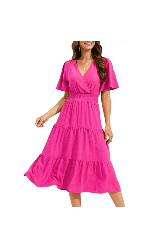 Women's Wrap V Neck Midi Dress Long Sleeve Smocked Waist Tiered A Line Pleated Flowy Long Dress