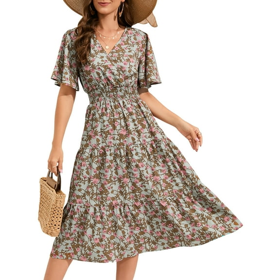 Women's Wrap V Neck Midi Dress Long Sleeve Smocked Waist Tiered A Line Pleated Flowy Long Dress